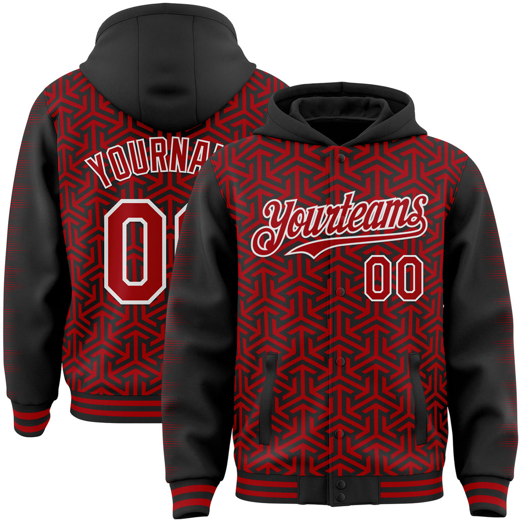 Custom Black Red-White Geometric Arrow Bomber Full-Snap Varsity Letterman Hoodie Jacket