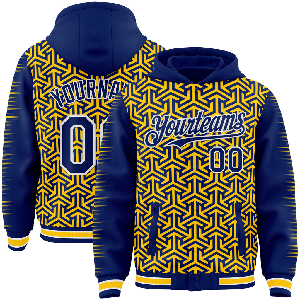 Custom Royal Yellow-White Geometric Arrow Bomber Full-Snap Varsity Letterman Hoodie Jacket