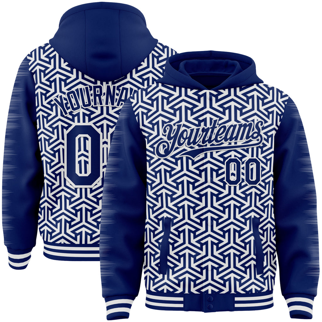 Custom Royal-White Geometric Arrow Bomber Full-Snap Varsity Letterman Hoodie Jacket