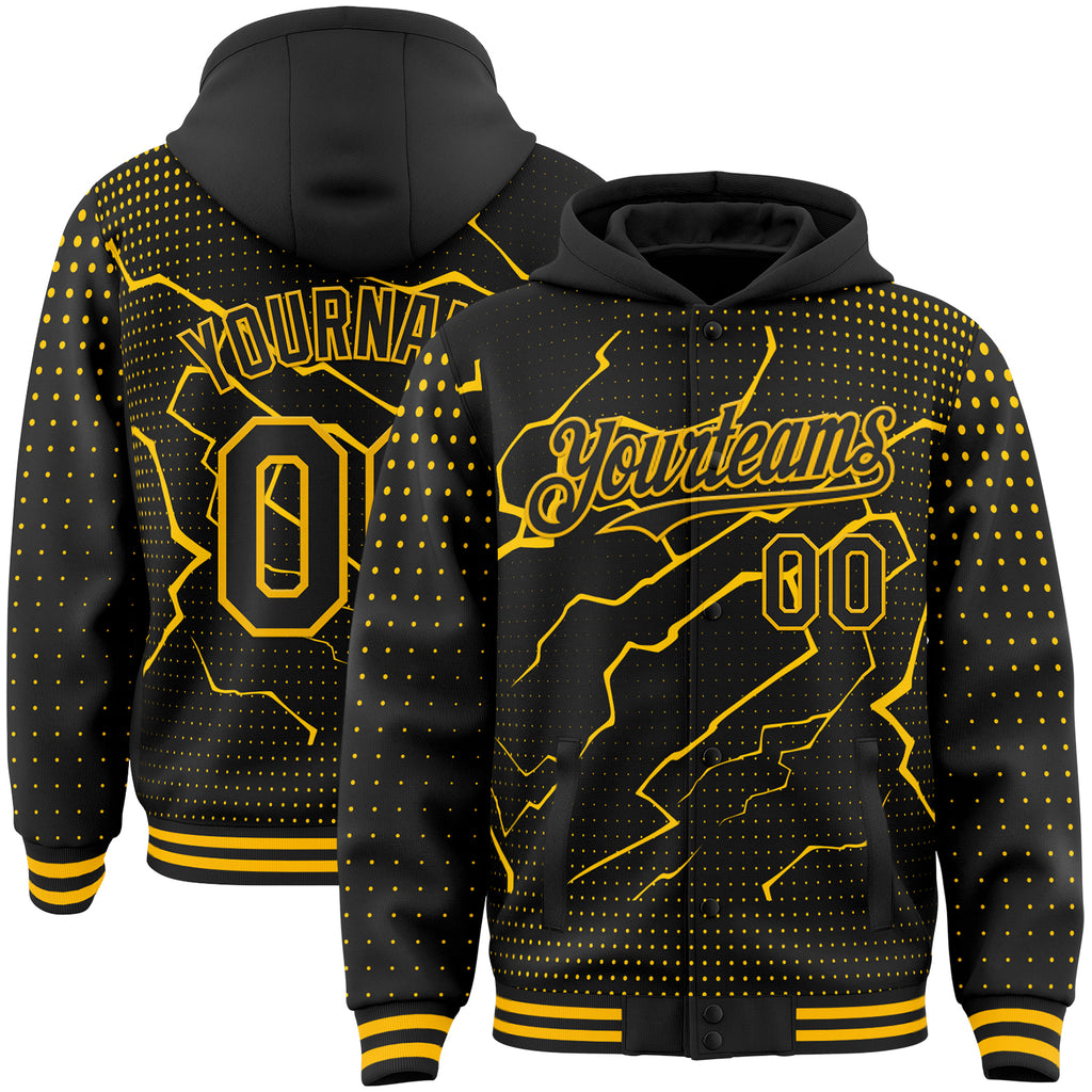 Custom Black-Gold Lightning Polka Dot 3D Pattern Bomber Full-Snap Varsity Letterman Hoodie Jacket