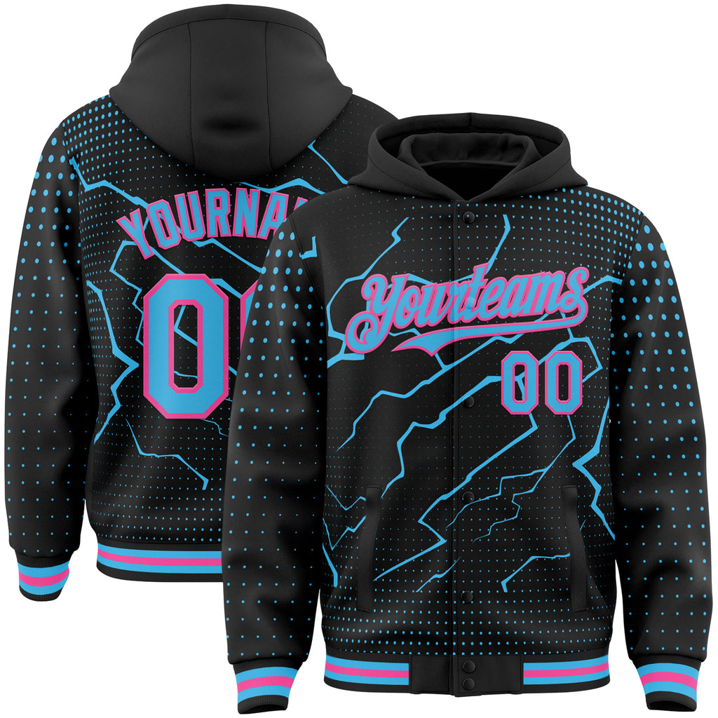 Custom Black Sky Blue-Pink Lightning Polka Dot 3D Pattern Bomber Full-Snap Varsity Letterman Hoodie Jacket