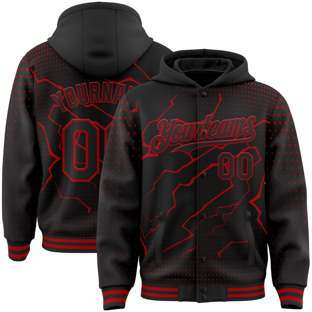 Custom Black-Red Lightning Polka Dot 3D Pattern Bomber Full-Snap Varsity Letterman Hoodie Jacket
