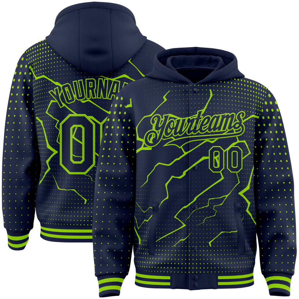 Custom Navy-Neon Green Lightning Polka Dot 3D Pattern Bomber Full-Snap Varsity Letterman Hoodie Jacket