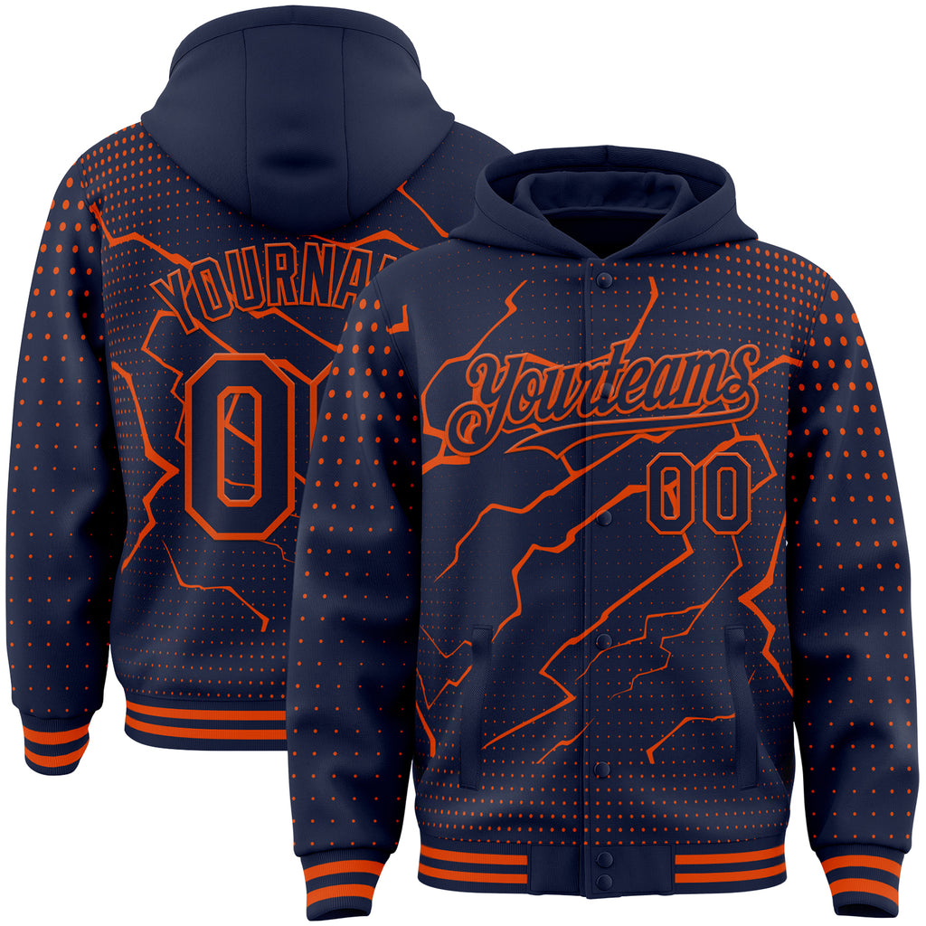 Custom Navy-Orange Lightning Polka Dot 3D Pattern Bomber Full-Snap Varsity Letterman Hoodie Jacket