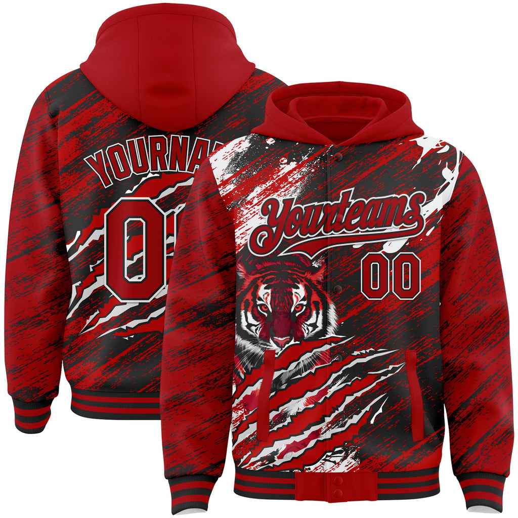 Custom Red Black-White Tiger Claw Scratch Brush Stroke Bomber Full-Snap Varsity Letterman Hoodie Jacket