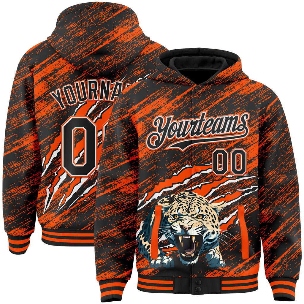 Custom Black Orange-White Leopard Claw Scratch Brush Stroke Bomber Full-Snap Varsity Letterman Hoodie Jacket