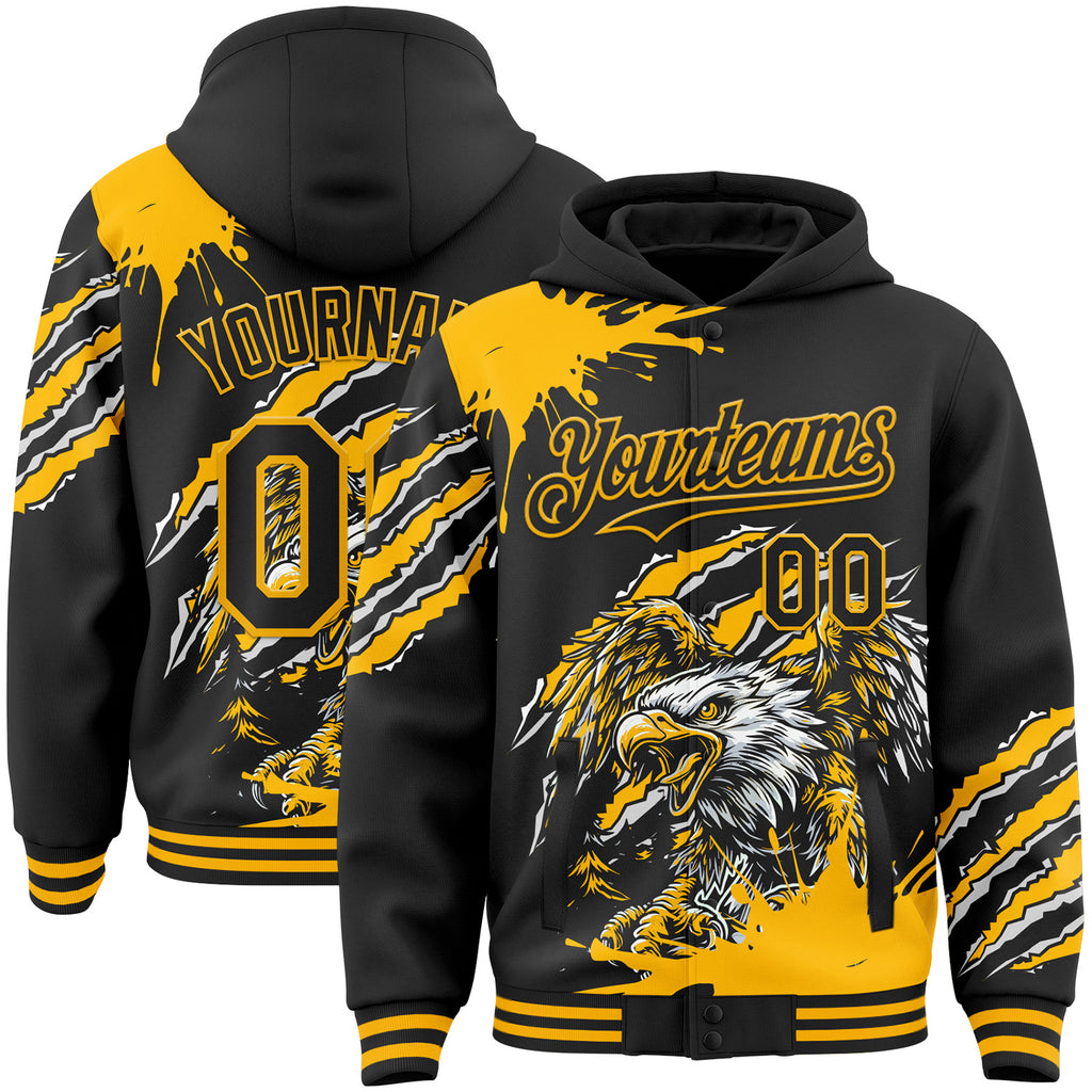 Custom Black-Gold Eagle Claw Scratch Splatter Bomber Full-Snap Varsity Letterman Hoodie Jacket