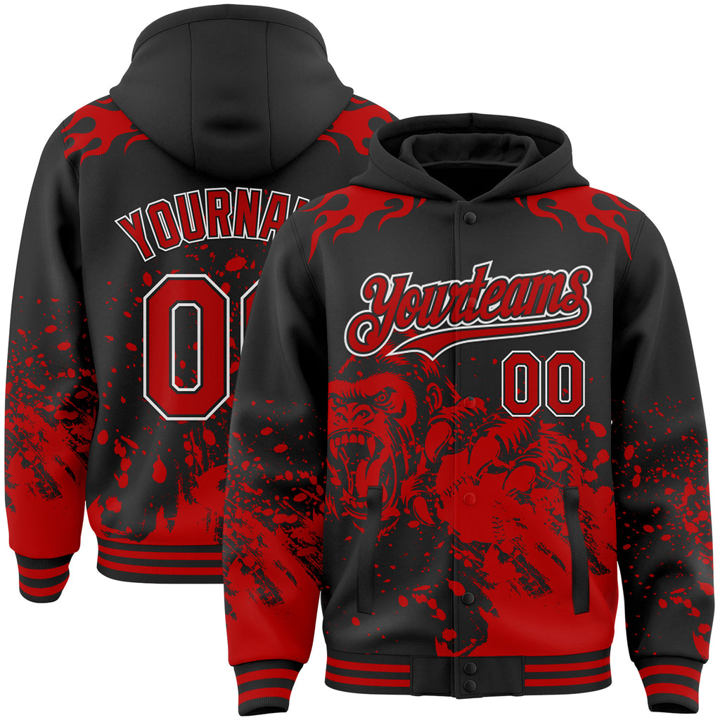 Custom Black Red-White Gorilla Flame Splatter Bomber Full-Snap Varsity Letterman Hoodie Jacket