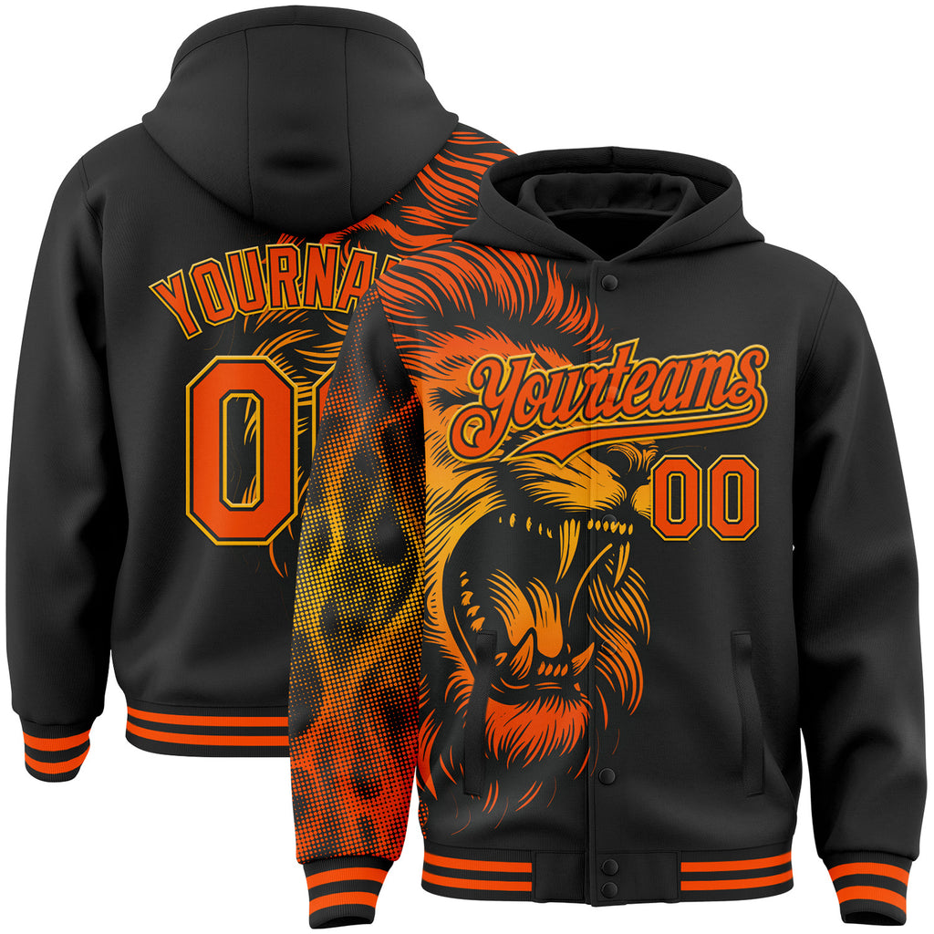 Custom Black Orange-Gold Lion Halftone Dot Bomber Full-Snap Varsity Letterman Hoodie Jacket