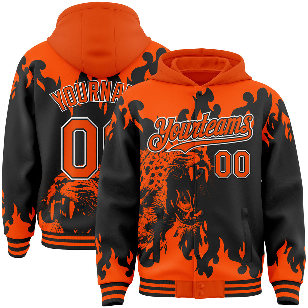 Custom Black Orange-White Lion Flame Splatter Bomber Full-Snap Varsity Letterman Hoodie Jacket