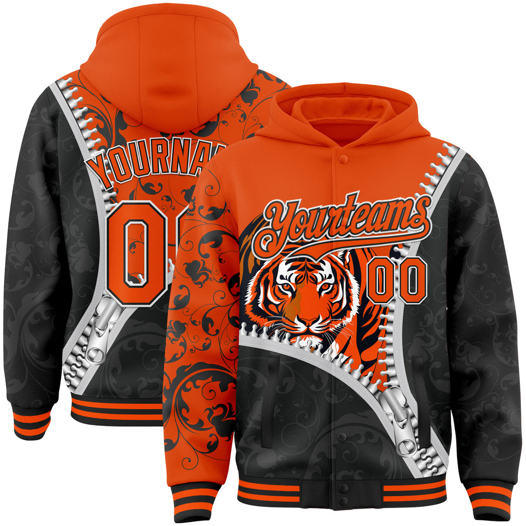 Custom Black Orange-White Tiger Bomber Full-Snap Varsity Letterman Hoodie Jacket