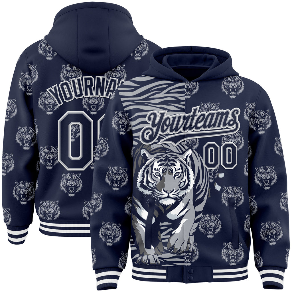 Custom Navy Gray-White Tiger Stripe Print Bomber Full-Snap Varsity Letterman Hoodie Jacket