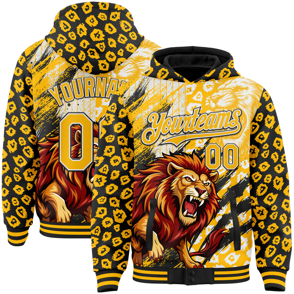 Custom Black Gold-White Loin Claw Scratch Leopard Print Bomber Full-Snap Varsity Letterman Hoodie Jacket