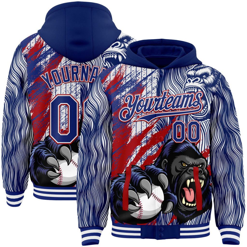 Custom Royal White-Red Gorilla Claw Scratch Brush Stroke Bomber Full-Snap Varsity Letterman Hoodie Jacket