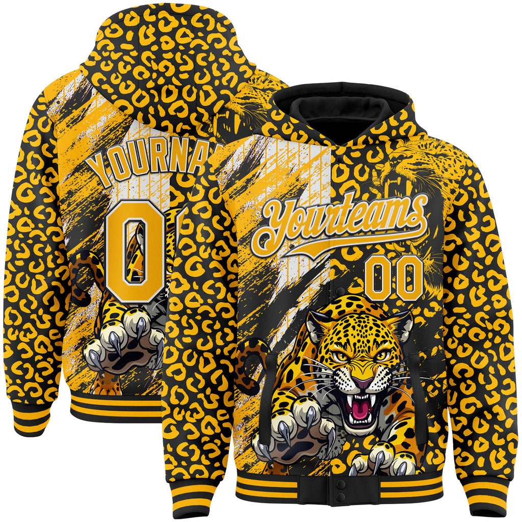 Custom Black Gold-White Leopard Claw Scratch Leopard Print Bomber Full-Snap Varsity Letterman Hoodie Jacket
