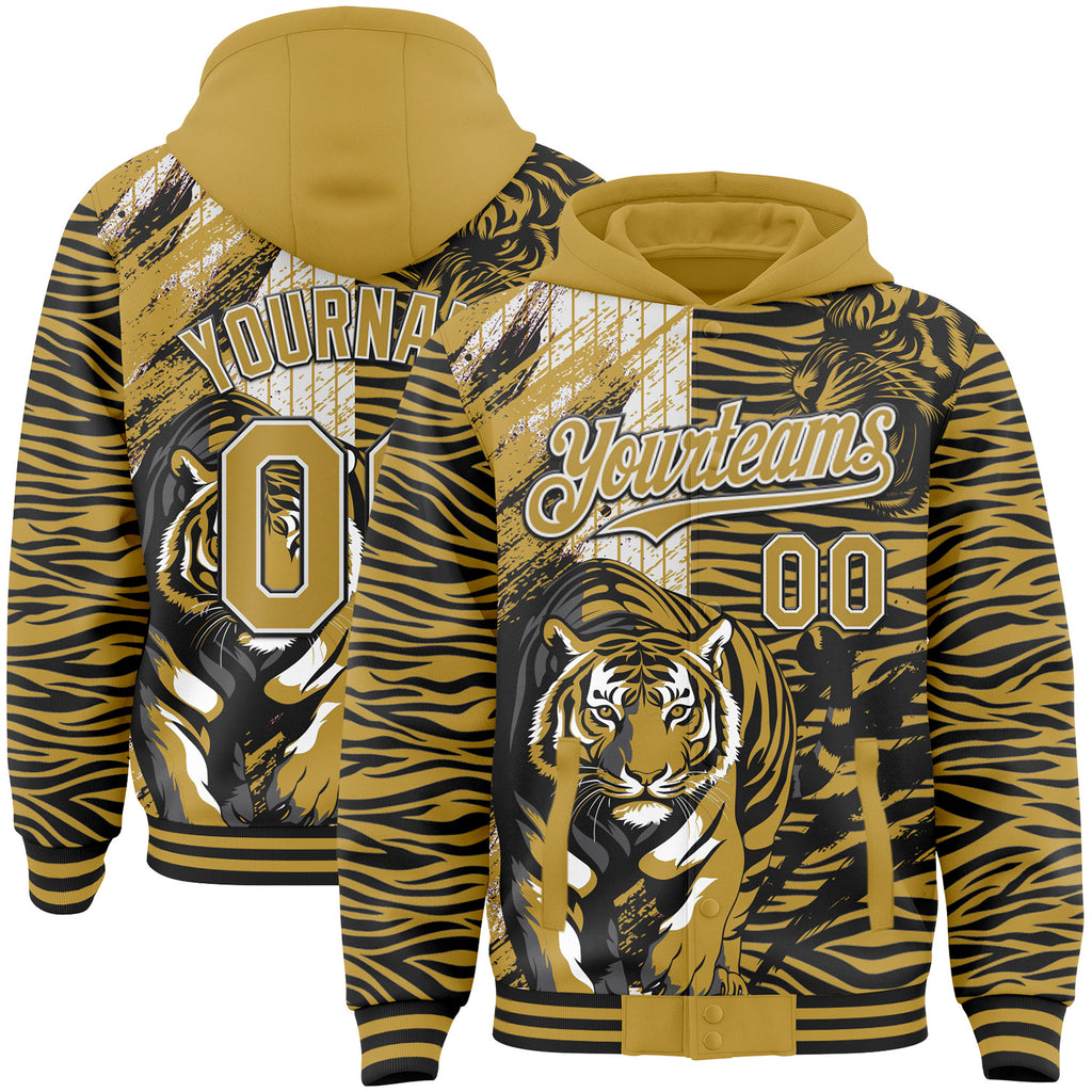 Custom Old Gold Black-White Tiger Stripe Print Bomber Full-Snap Varsity Letterman Hoodie Jacket