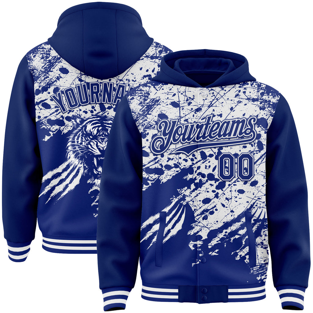 Custom Royal-White Tiger Claw Scratch Paint Splatter Bomber Full-Snap Varsity Letterman Hoodie Jacket