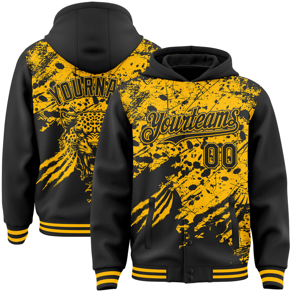 Custom Black-Gold Lion Claw Scratch Paint Splatter Bomber Full-Snap Varsity Letterman Hoodie Jacket