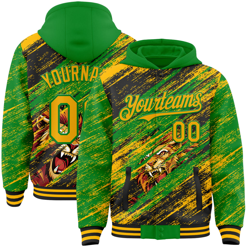Custom Grass Green Gold-Black Lion Scratch Brush Stroke Bomber Full-Snap Varsity Letterman Hoodie Jacket