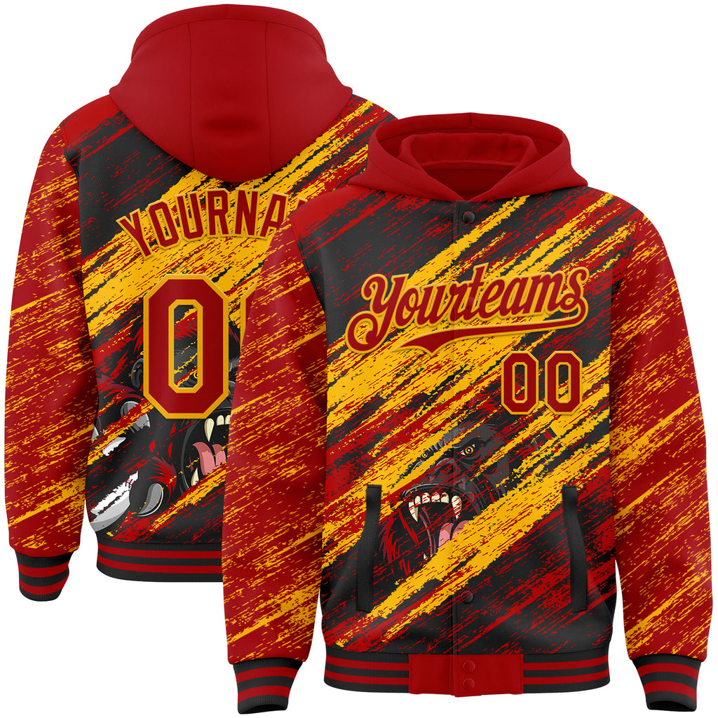 Custom Red Black-Gold Gorilla Scratch Brush Stroke Bomber Full-Snap Varsity Letterman Hoodie Jacket