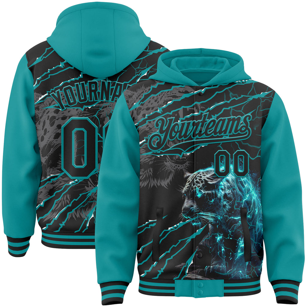 Custom Teal-Black Leopard Lightning Claw Scratch Bomber Full-Snap Varsity Letterman Hoodie Jacket