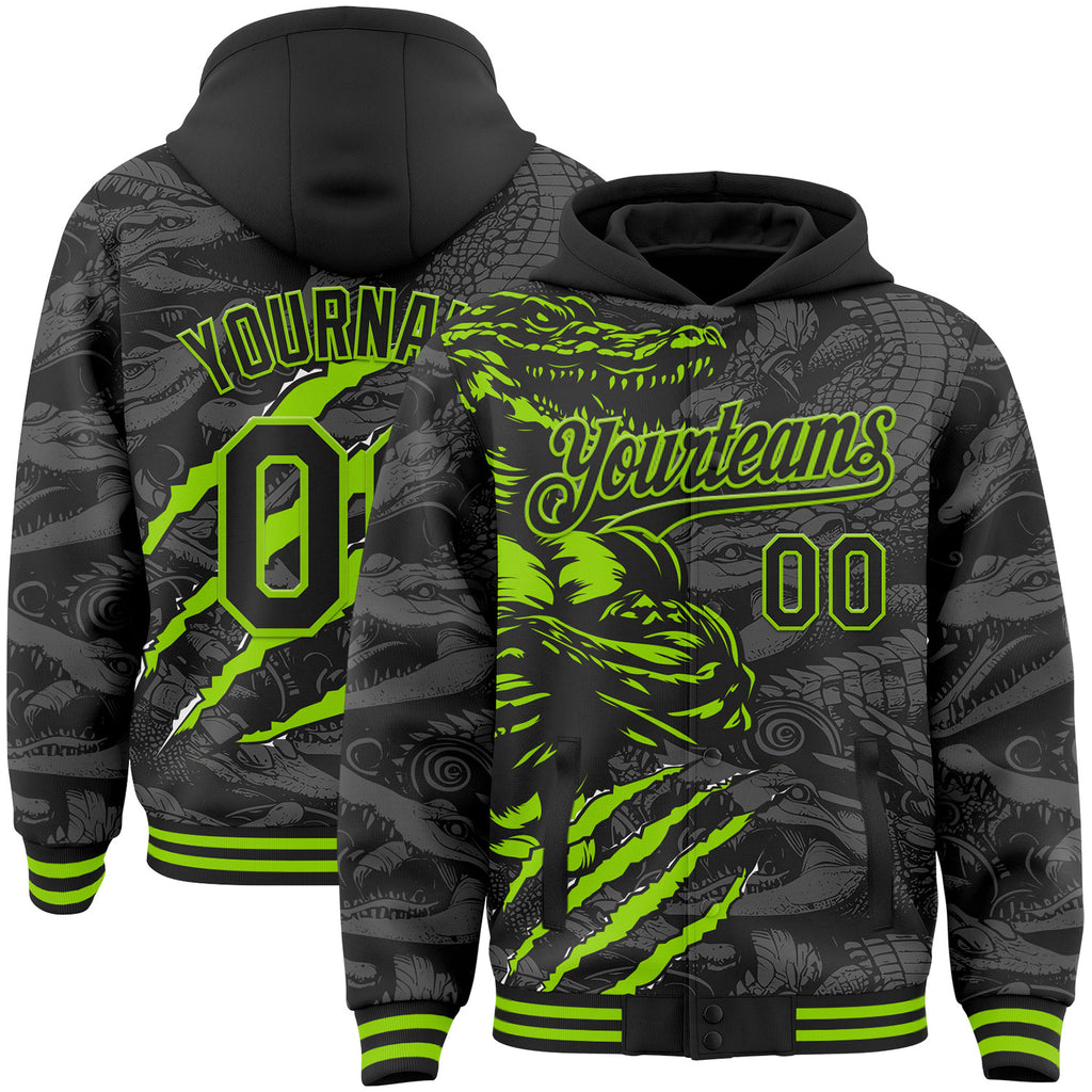 Custom Black-Neon Green Alligator Claw Scratch Bomber Full-Snap Varsity Letterman Hoodie Jacket