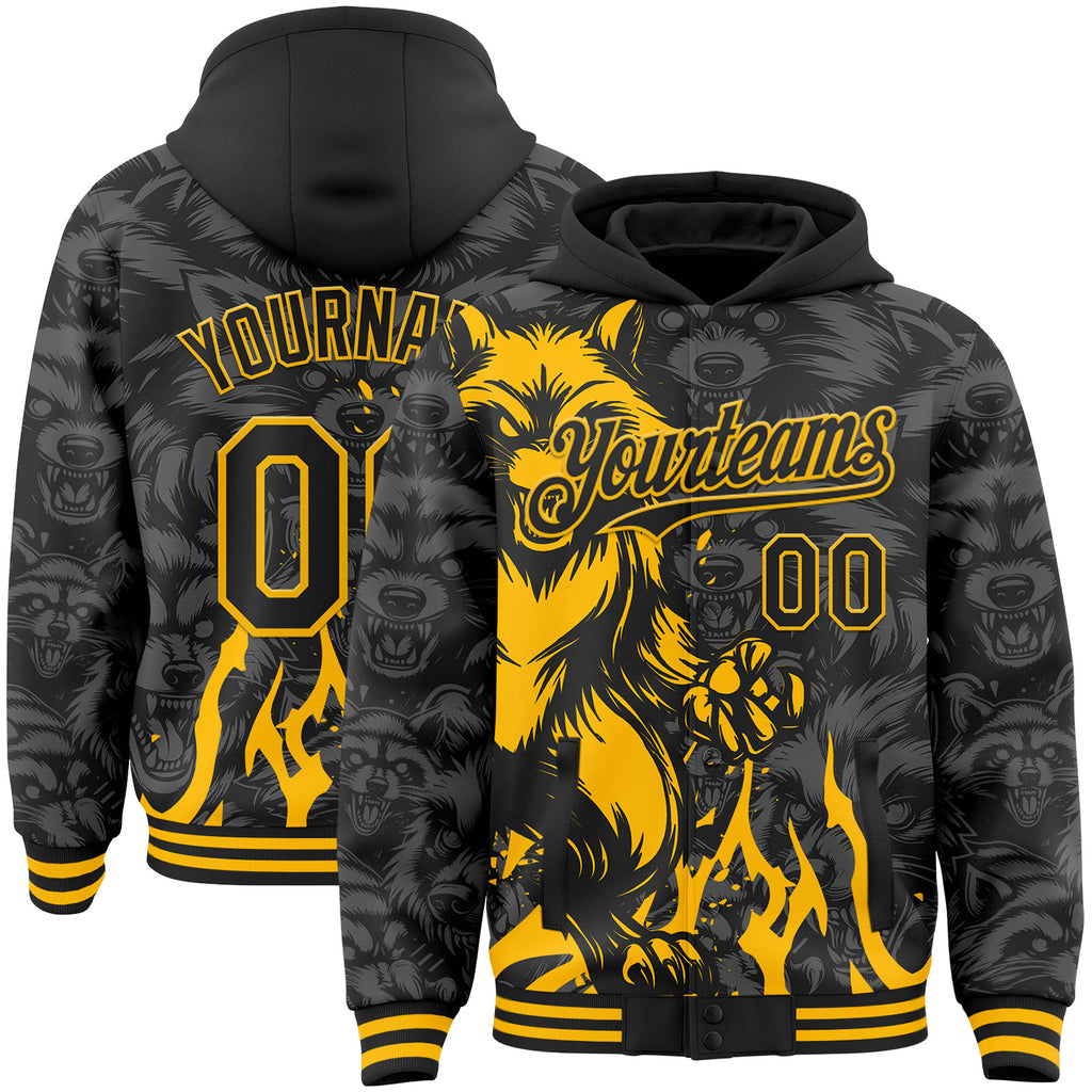 Custom Black-Gold Raccoon Bomber Full-Snap Varsity Letterman Hoodie Jacket