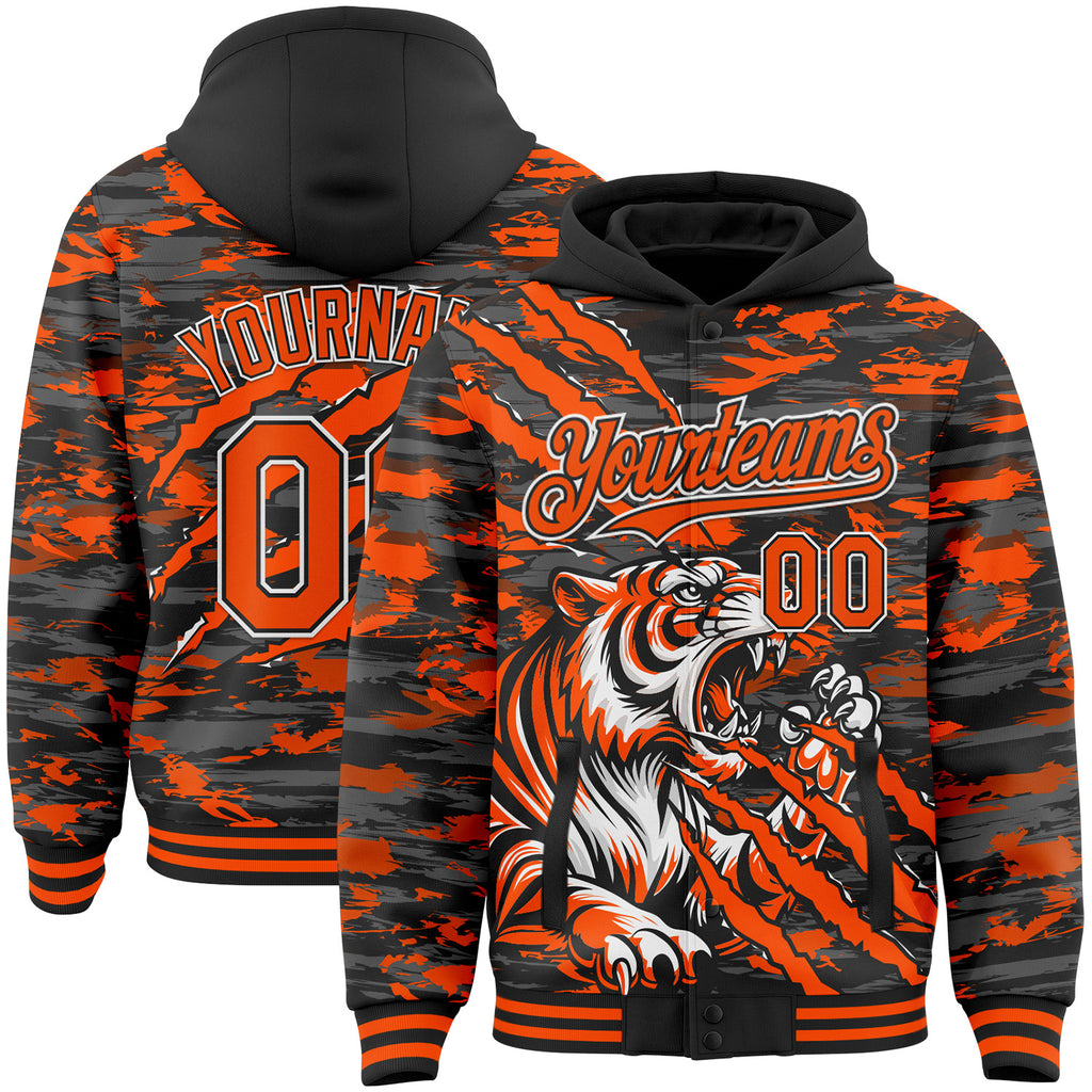 Custom Black Orange-White Tiger Claw Scratch Bomber Full-Snap Varsity Letterman Hoodie Jacket