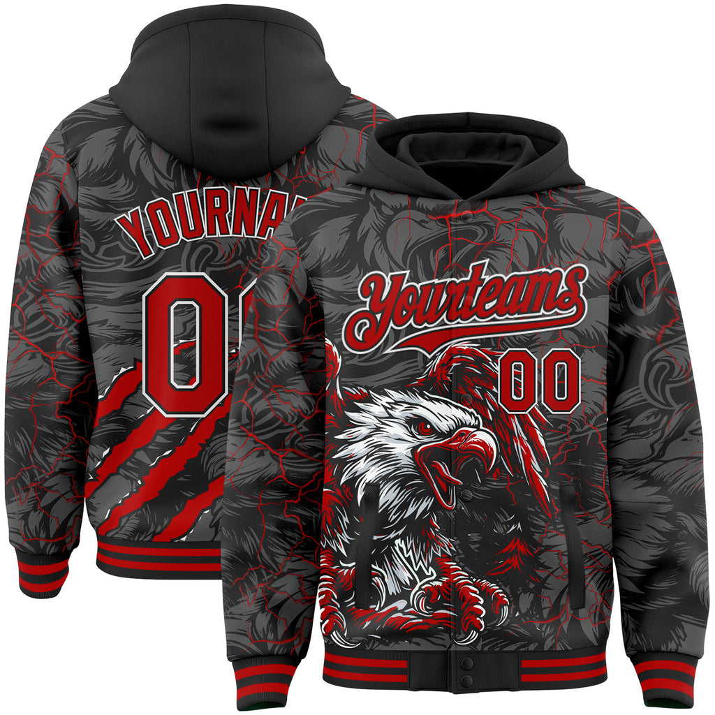 Custom Black Red Gray-White Eagle Lightning Claw Scratch Bomber Full-Snap Varsity Letterman Hoodie Jacket