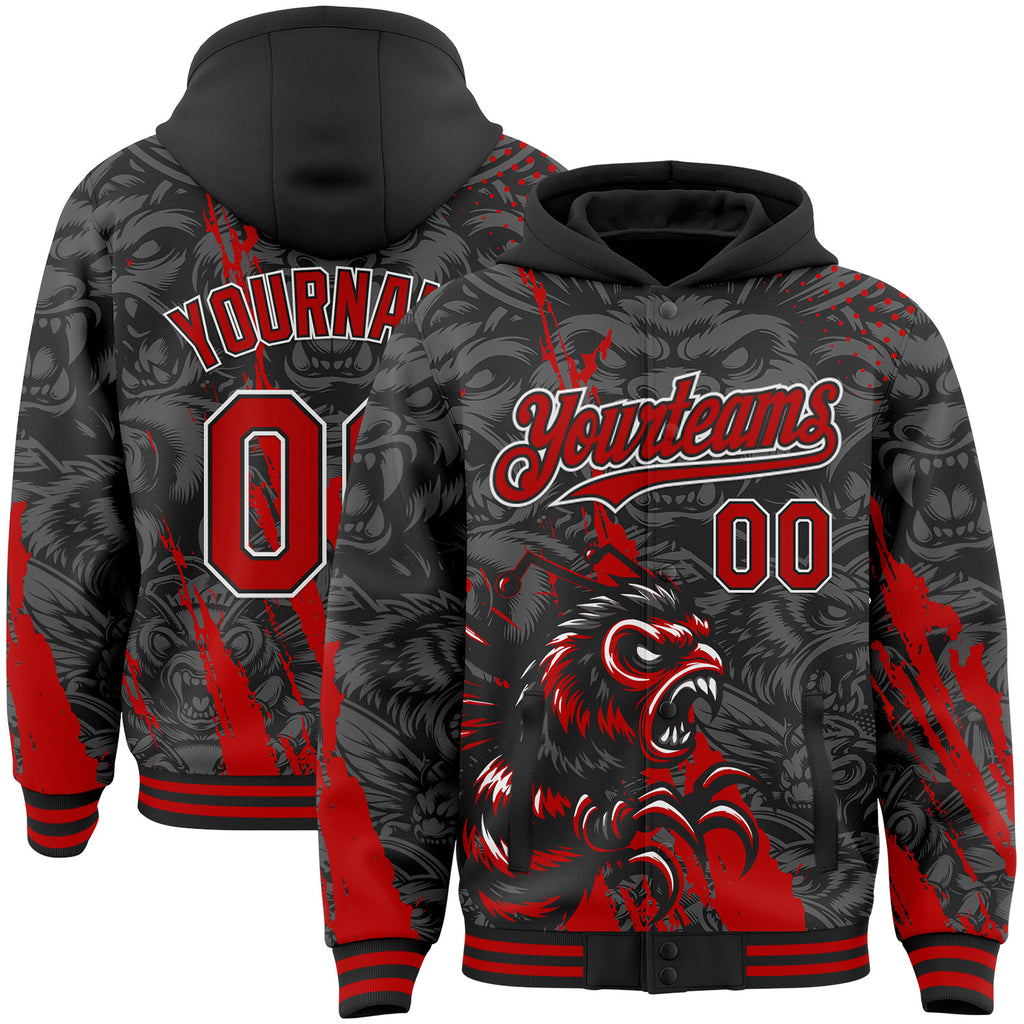 Custom Black Red Gray-White Hornet Scratch Bomber Full-Snap Varsity Letterman Hoodie Jacket