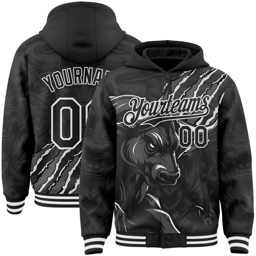 Custom Black Gray-White Bull Scratch Bomber Full-Snap Varsity Letterman Hoodie Jacket