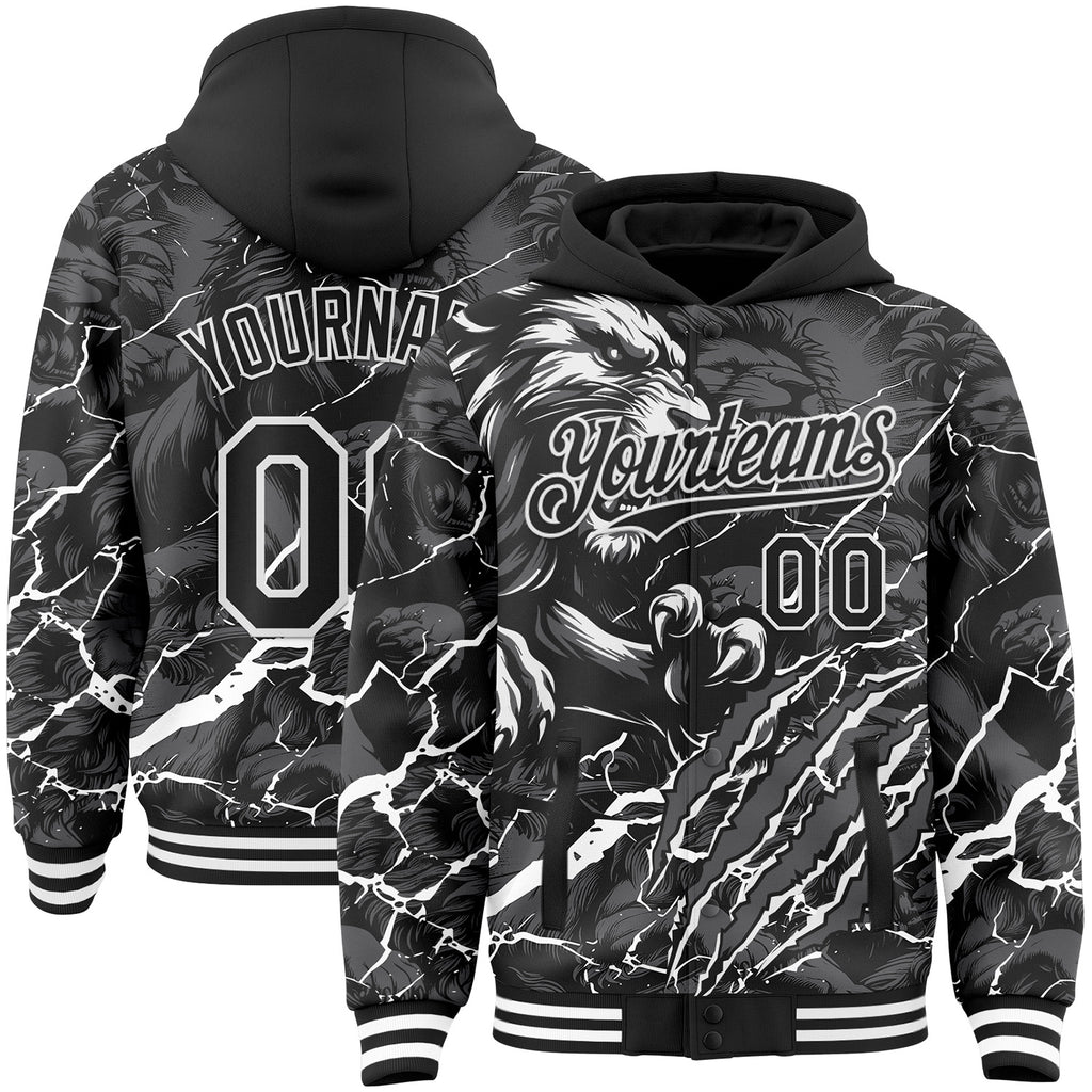 Custom Black Gray-White Lion Lightning Claw Scratch Bomber Full-Snap Varsity Letterman Hoodie Jacket