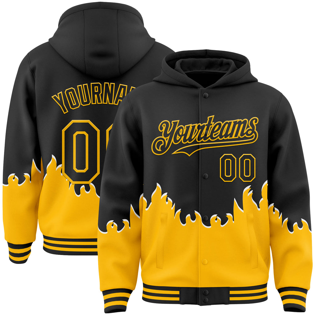 Custom Black-Gold Fire Flame Bomber Full-Snap Varsity Letterman Hoodie Jacket