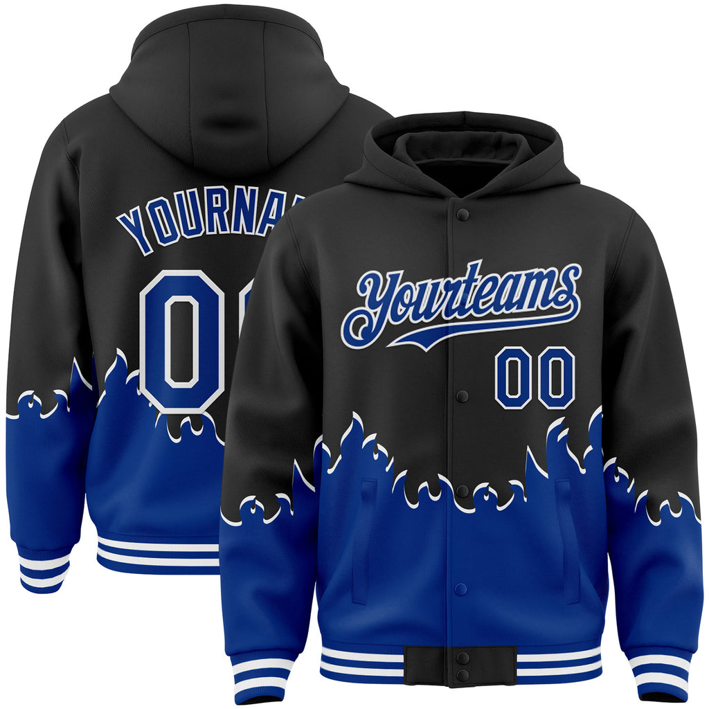 Custom Black Royal-White Fire Flame Bomber Full-Snap Varsity Letterman Hoodie Jacket