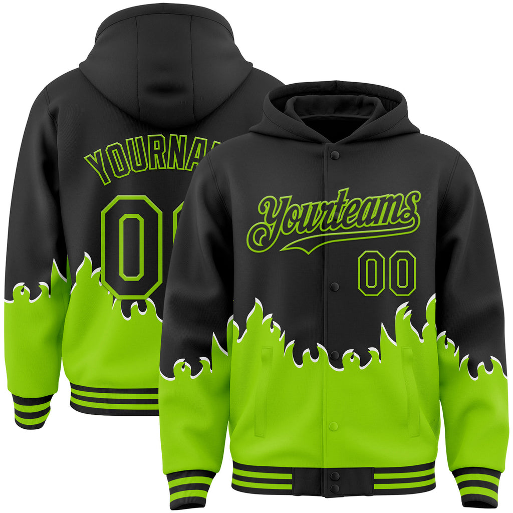 Custom Black-Neon Green Fire Flame Bomber Full-Snap Varsity Letterman Hoodie Jacket