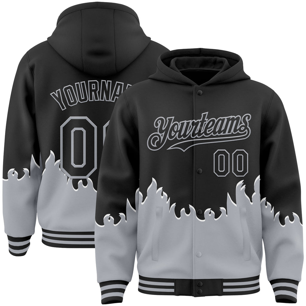 Custom Black-Gray Fire Flame Bomber Full-Snap Varsity Letterman Hoodie Jacket