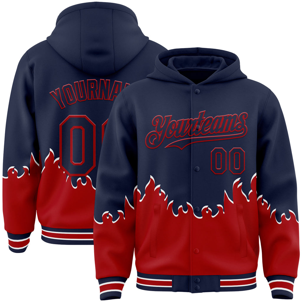 Custom Navy-Red Fire Flame Bomber Full-Snap Varsity Letterman Hoodie Jacket