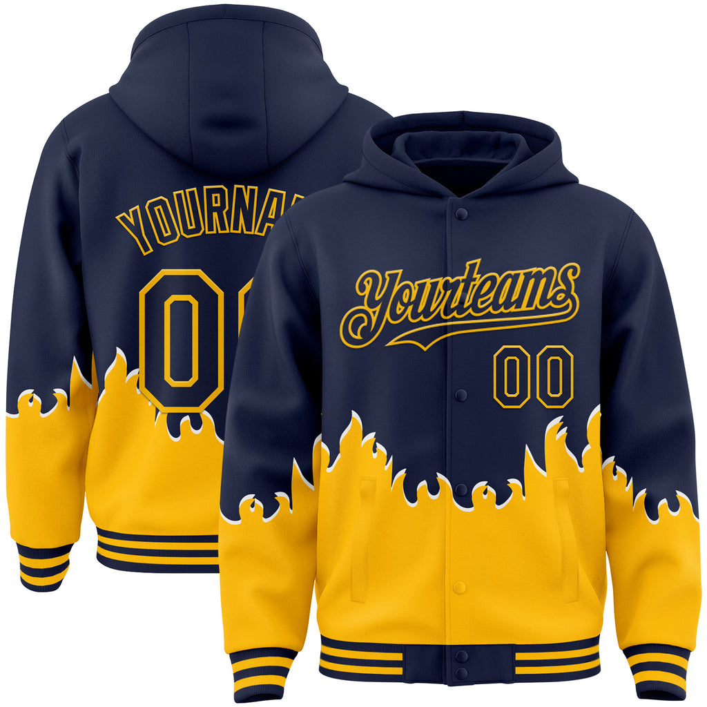 Custom Navy-Gold Fire Flame Bomber Full-Snap Varsity Letterman Hoodie Jacket
