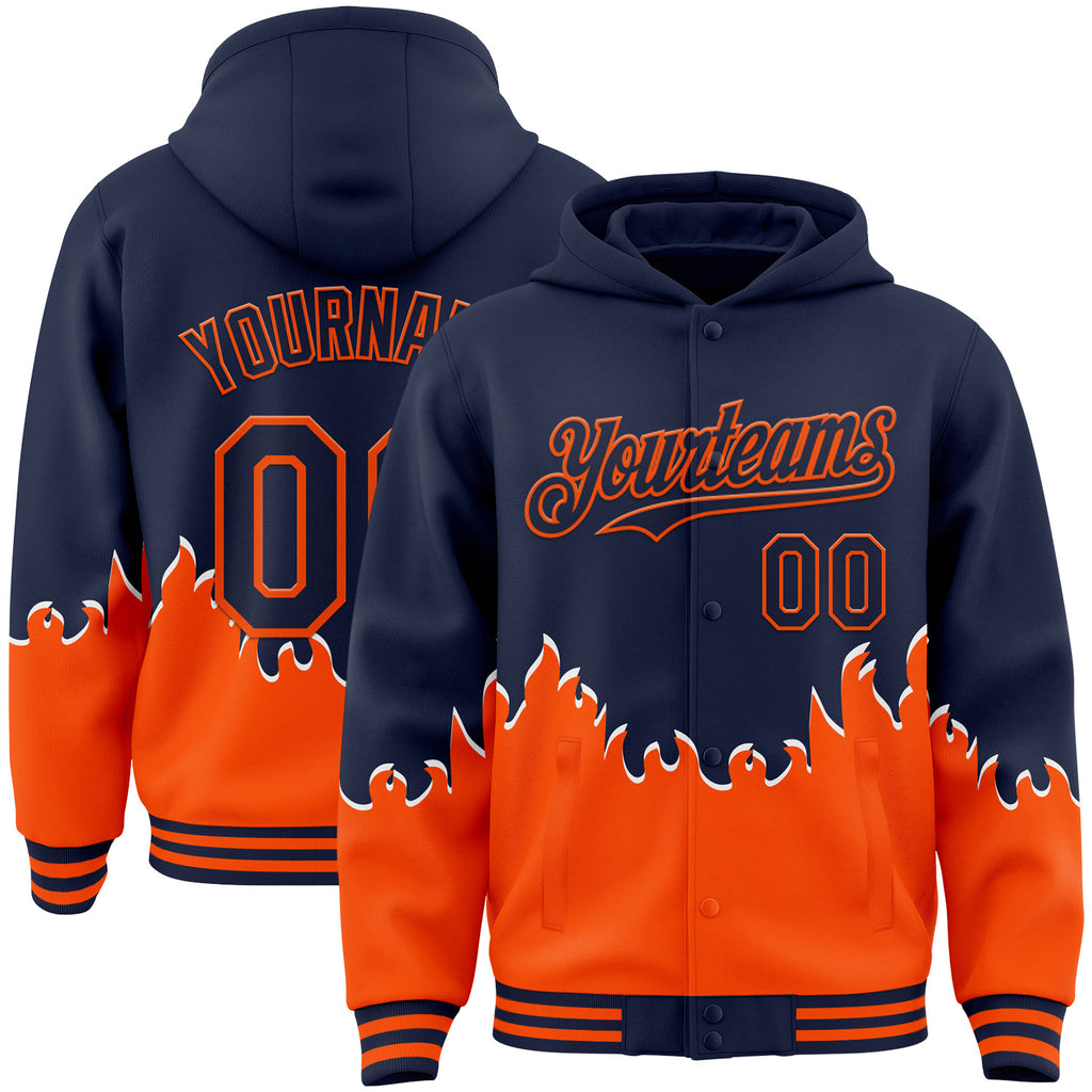 Custom Navy-Orange Fire Flame Bomber Full-Snap Varsity Letterman Hoodie Jacket