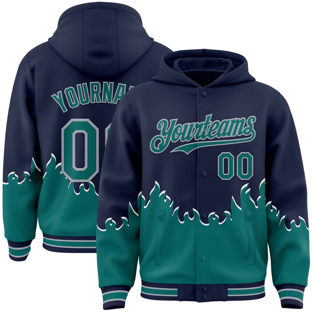 Custom Navy Teal-Gray Fire Flame Bomber Full-Snap Varsity Letterman Hoodie Jacket