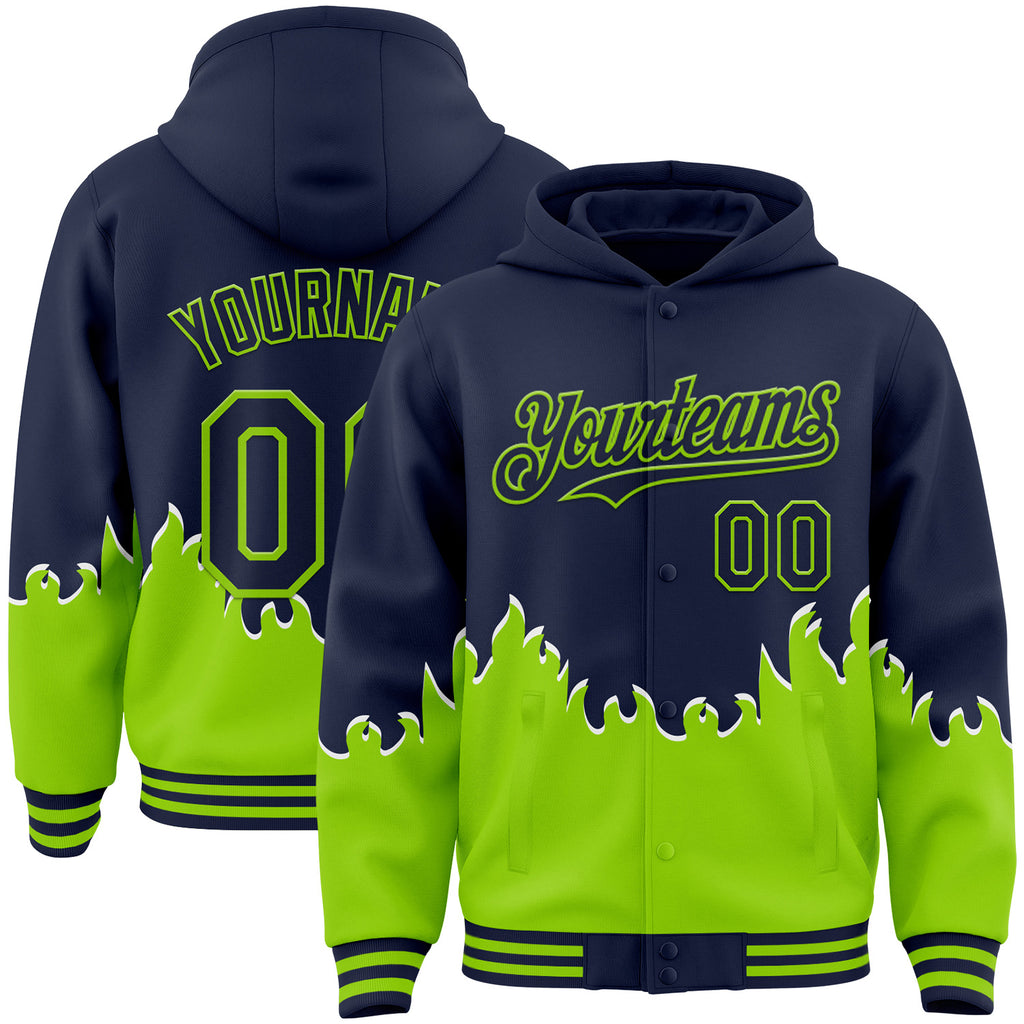 Custom Navy-Neon Green Fire Flame Bomber Full-Snap Varsity Letterman Hoodie Jacket