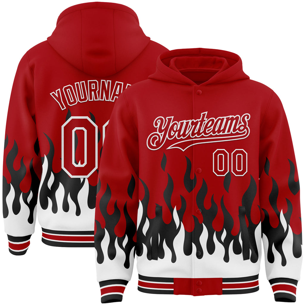 Custom Red Black-White Fire Flame Bomber Full-Snap Varsity Letterman Hoodie Jacket