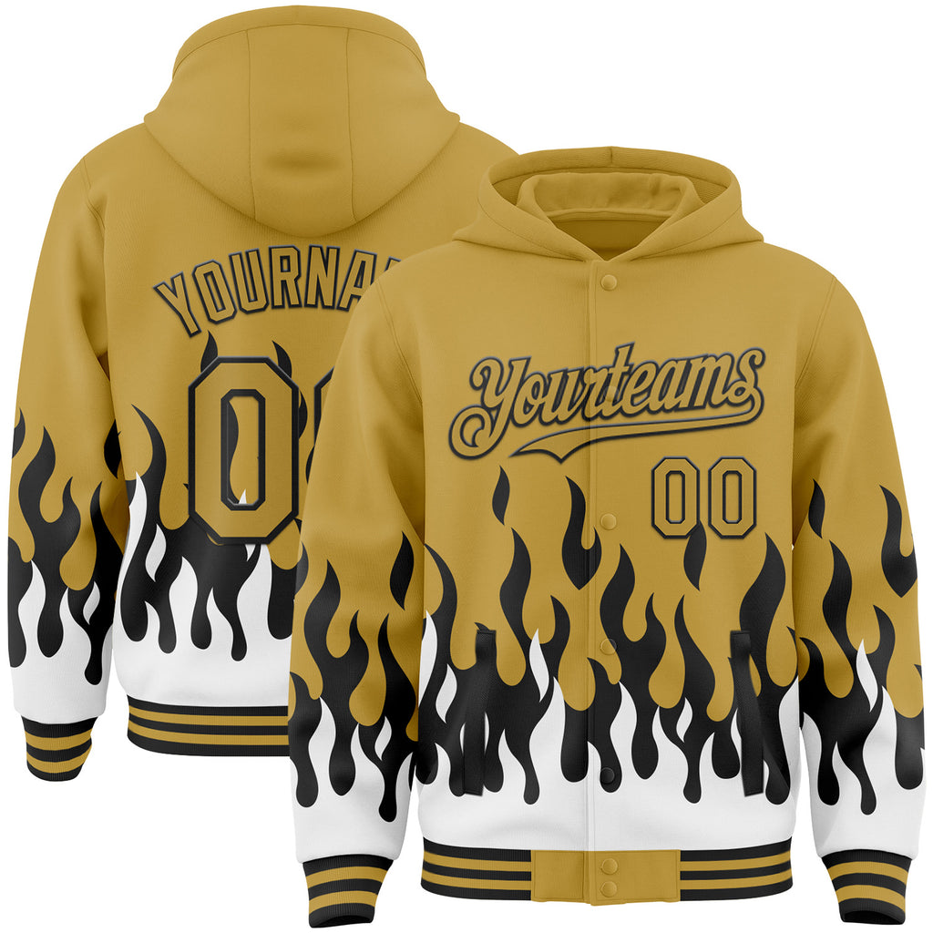 Custom Old Gold Black-White Fire Flame Bomber Full-Snap Varsity Letterman Hoodie Jacket