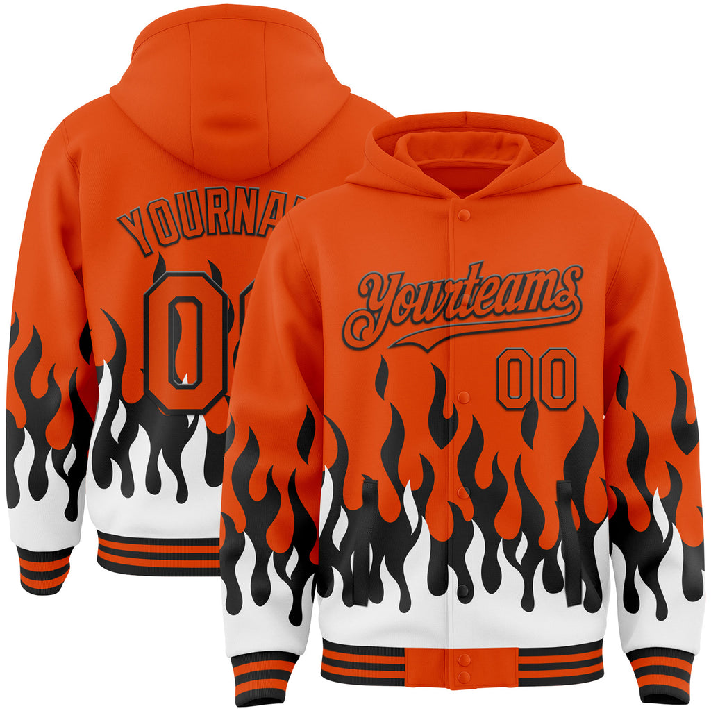 Custom Orange Black-White Fire Flame Bomber Full-Snap Varsity Letterman Hoodie Jacket