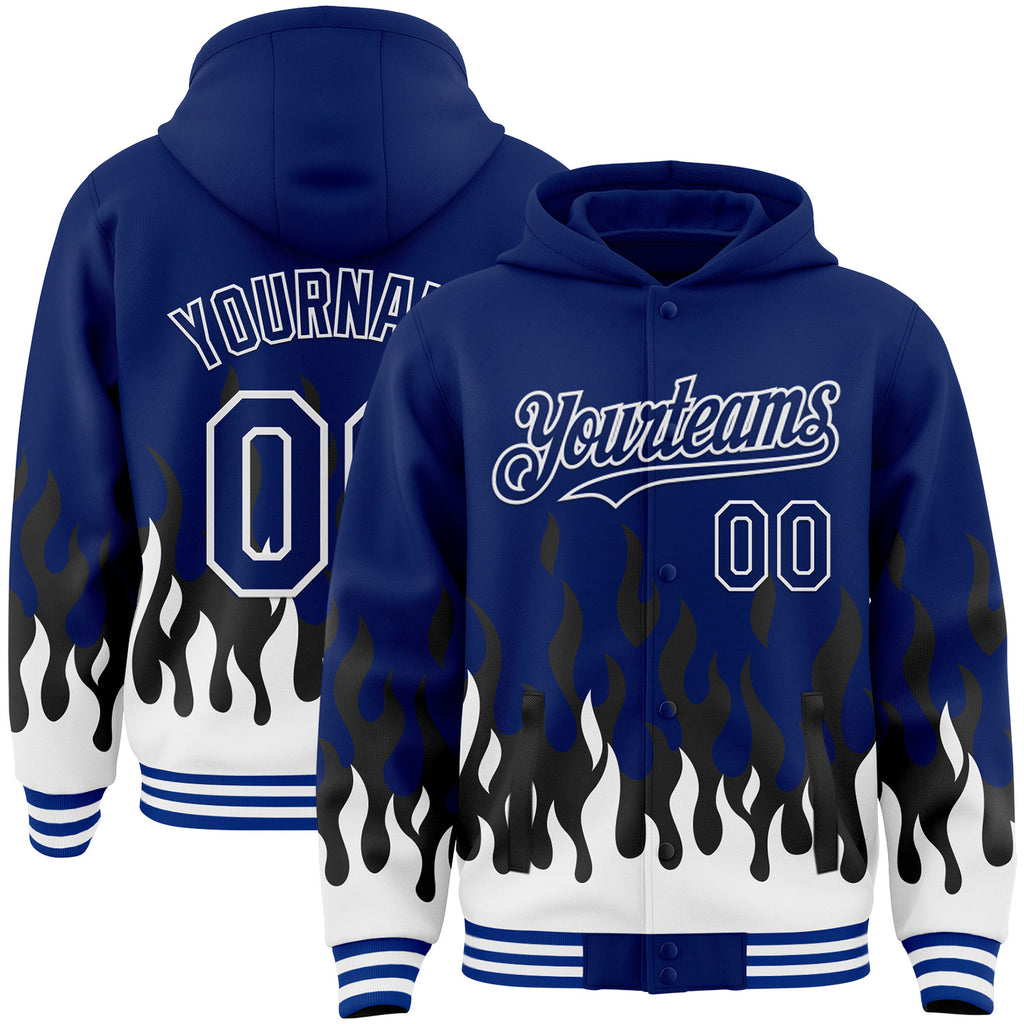 Custom Royal Black-White Fire Flame Bomber Full-Snap Varsity Letterman Hoodie Jacket