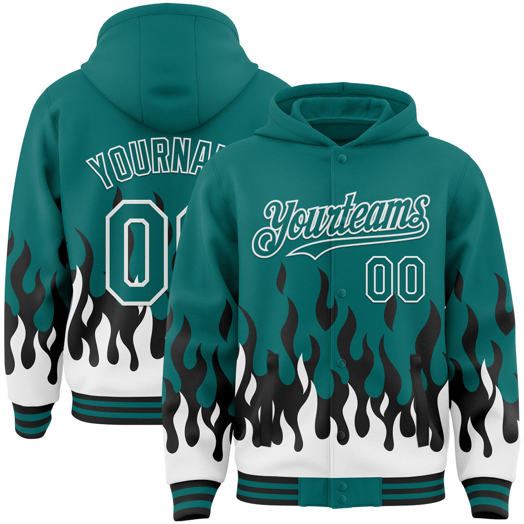 Custom Teal Black-White Fire Flame Bomber Full-Snap Varsity Letterman Hoodie Jacket