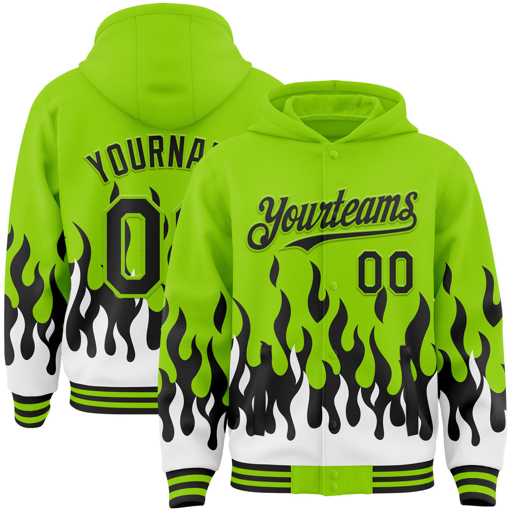 Custom Neon Green Black-White Fire Flame Bomber Full-Snap Varsity Letterman Hoodie Jacket