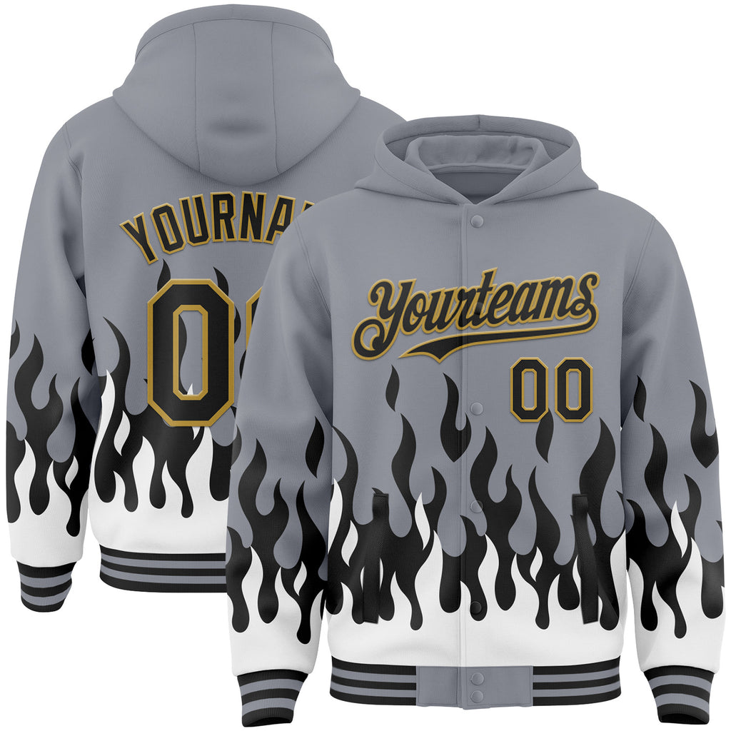 Custom Gray Black White-Old Gold Fire Flame Bomber Full-Snap Varsity Letterman Hoodie Jacket