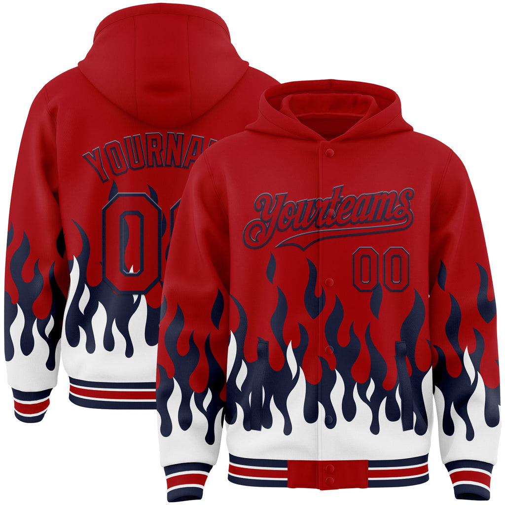 Custom Red Navy-White Fire Flame Bomber Full-Snap Varsity Letterman Hoodie Jacket