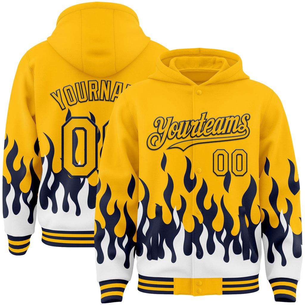 Custom Gold Navy-White Fire Flame Bomber Full-Snap Varsity Letterman Hoodie Jacket
